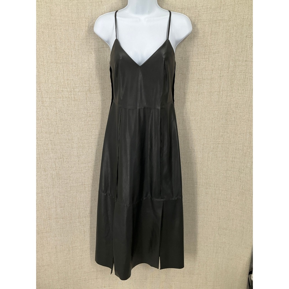 Banana Republic Faux Leather Dress Women 4 Black Midi V-Neck Slit Edgy Goth